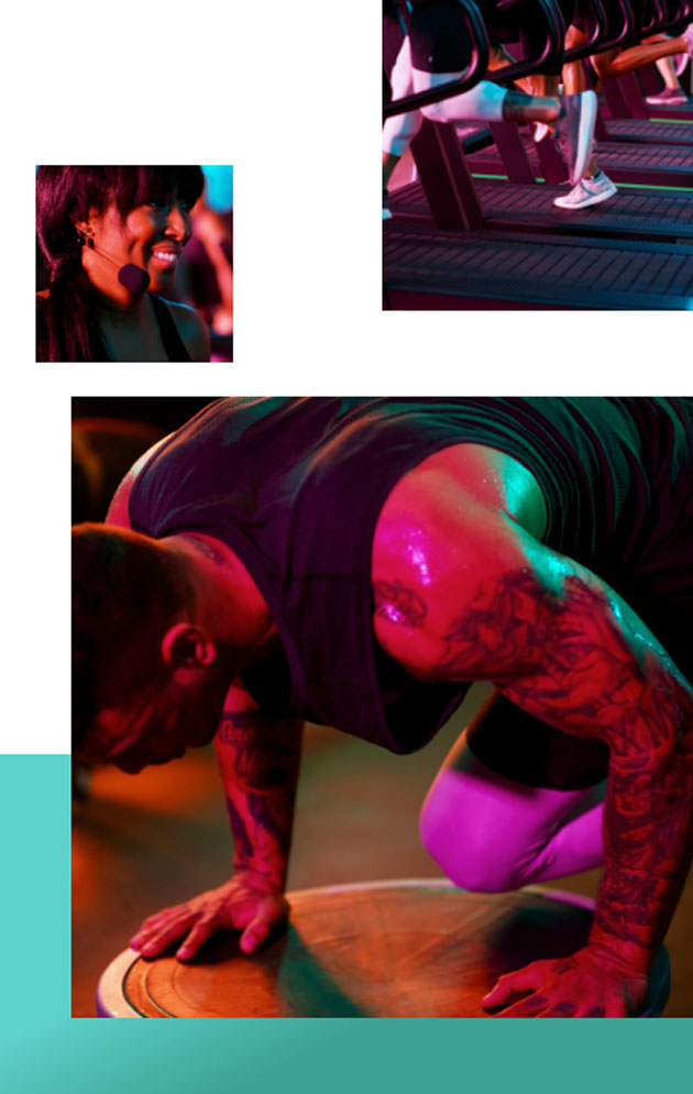 A collage of 3 images: top, a woman an Ultra Fit coach, smiling, middle, A waist down shot of three people running on side-by-side treadmills., bottom, A photo of a man doing mountain climbers on an upside-down Bosu ball.