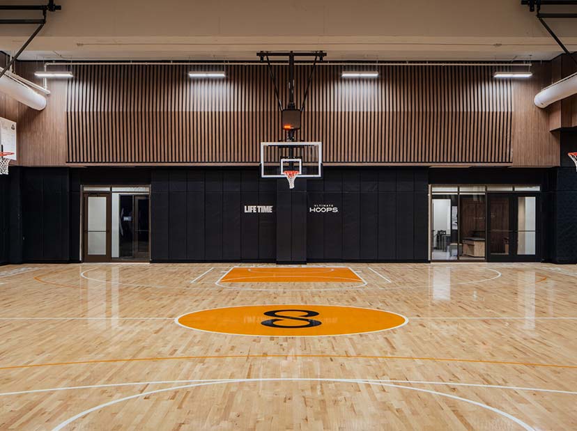 a gleaming indoor basketball court