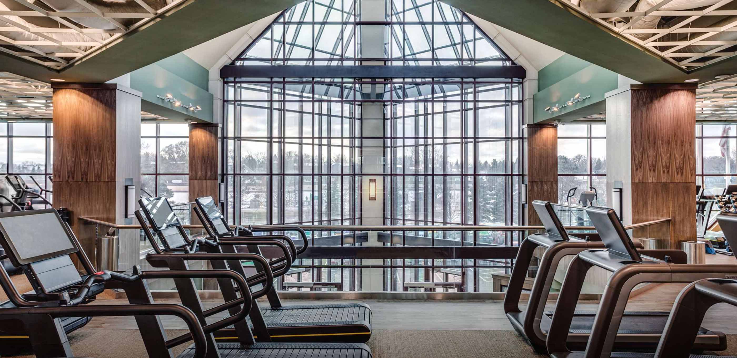 cardio workout machines in a row underneath a glass atrium