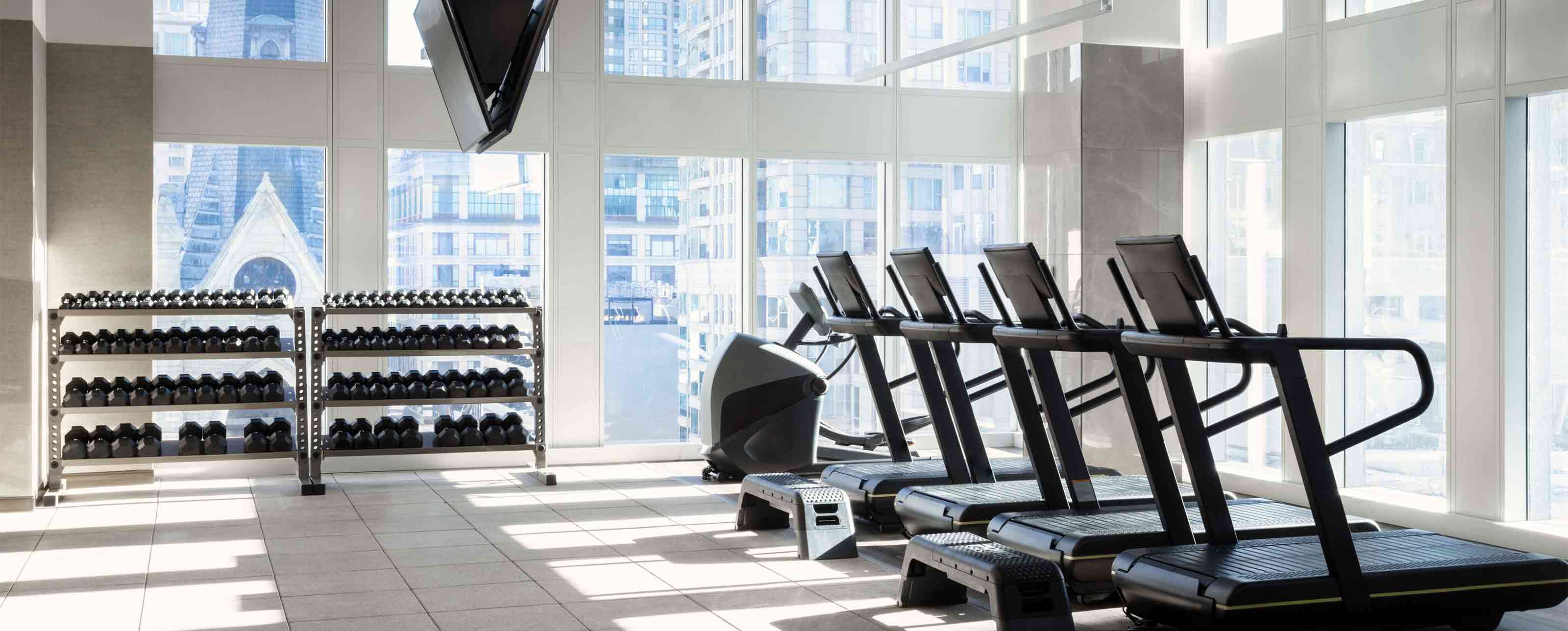 A row of treadmills with dumbells by large floor to ceiling windows