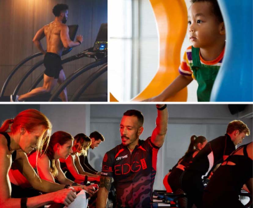 A collage showing a man running, a child playing, and a cycle group fitness class