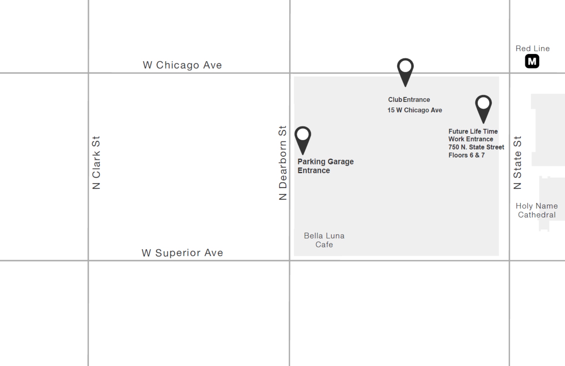 A simple road map showing the locations of the Life Time Athletic Resort and Life Time Work locations at Life Time River North at One Chicago.