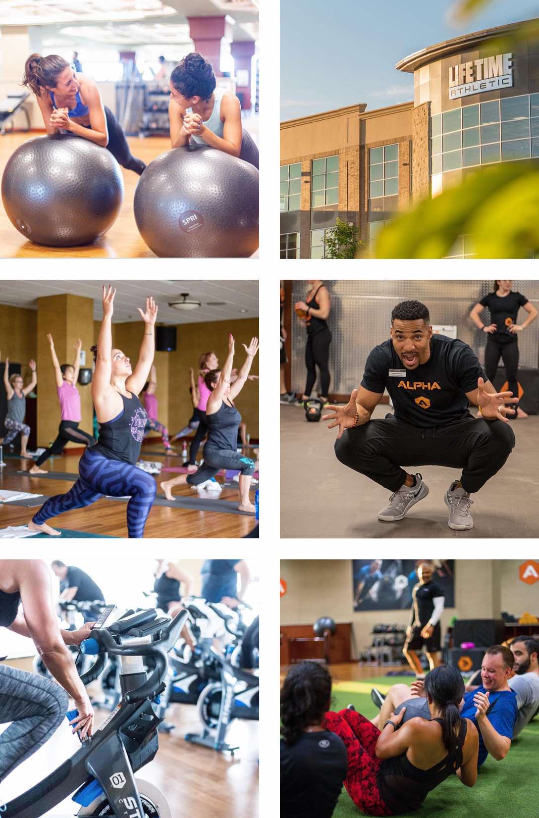 People working out, doing yoga and indoor cycling at Life Time